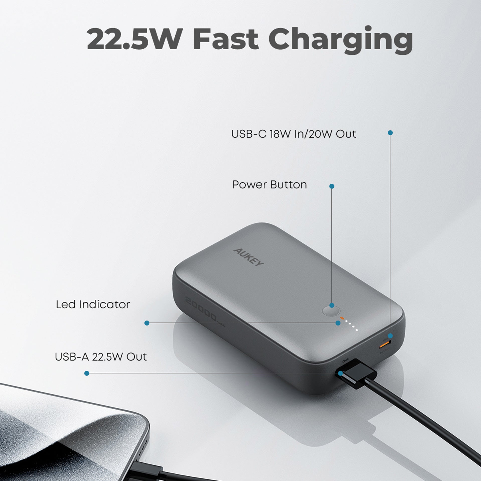 PB-Y57 22.5W USB C PD & USB QC3.0 20000mAH Mini Power Bank